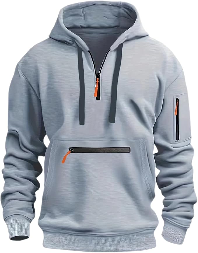 Mens 1/4 Zip Hooded Sweatshirt, Multiple Zippers Pockets Hoodie For Men