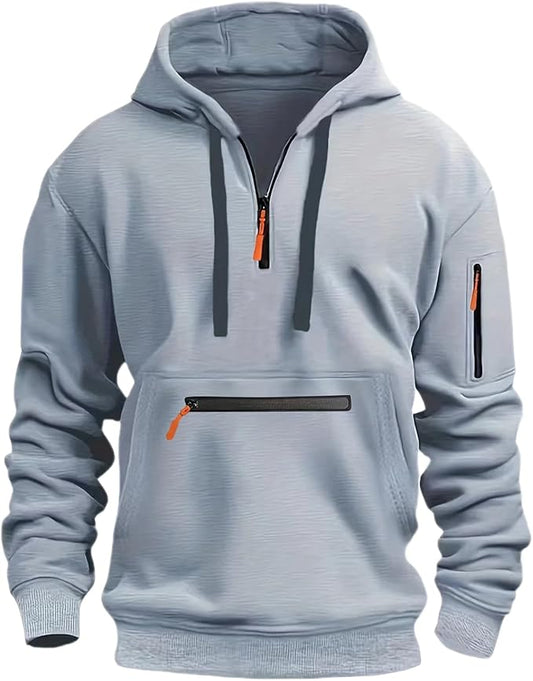 Mens 1/4 Zip Hooded Sweatshirt, Multiple Zippers Pockets Hoodie For Men
