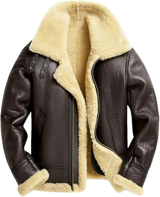 Vogrtcc Men's Winter Sheepskin Pilot Jacket Military Bombers Woolen Leather Jackets