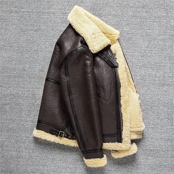 Vogrtcc Men's Winter Sheepskin Pilot Jacket Military Bombers Woolen Leather Jackets